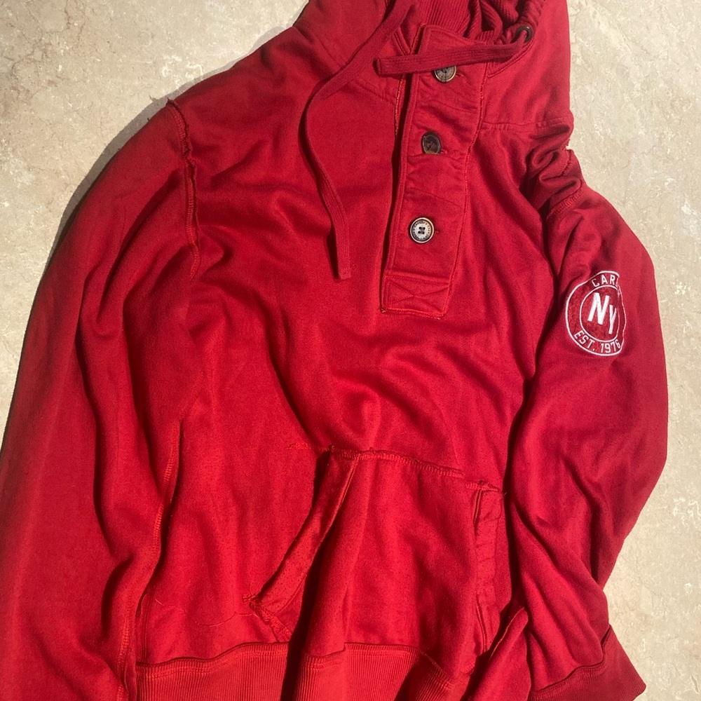 Red Hooded Sweatshirt with Button Detail